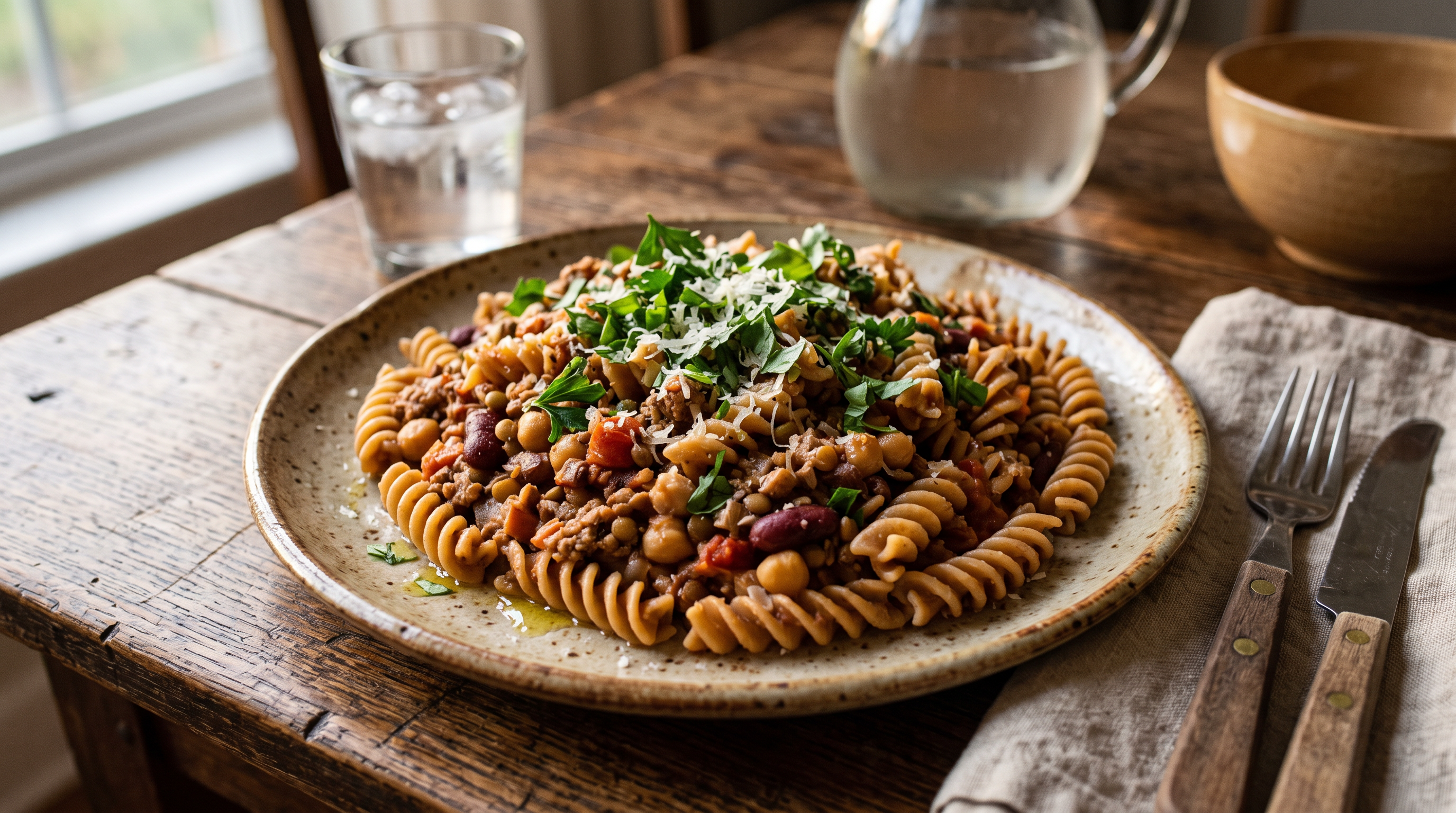 Regenerations-Abendessen mit Vollkornnudeln, magerem Fleisch und Kräutern